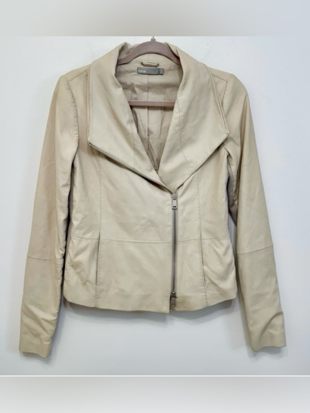 Vince Cream Ivory Beige Goat Leather Scuba Moto Jacket Women Size Small Full Zip